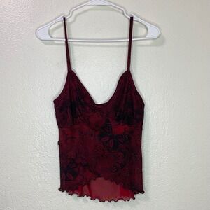 Vintage Y2K Red Black Butterfly Paisley Mesh Babydoll Cami Lettuce Hem Tank Top